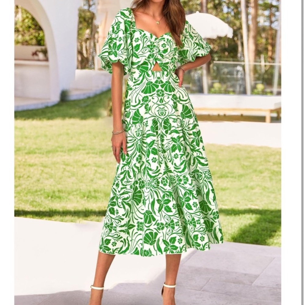 BTFBM | Women’s Green Floral Patterned Midi Dress